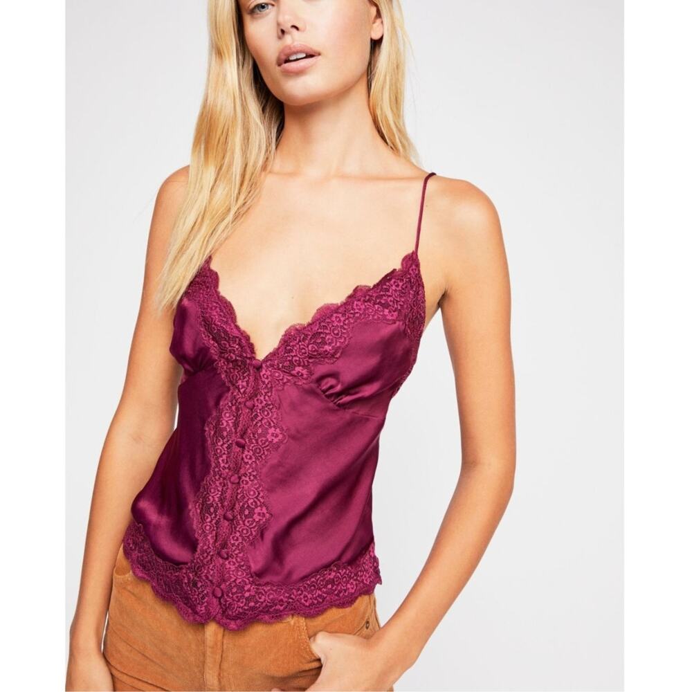 Free People Intimates Lightweight Magenta Satin & Lace Trim Detail Slip Tank Top
